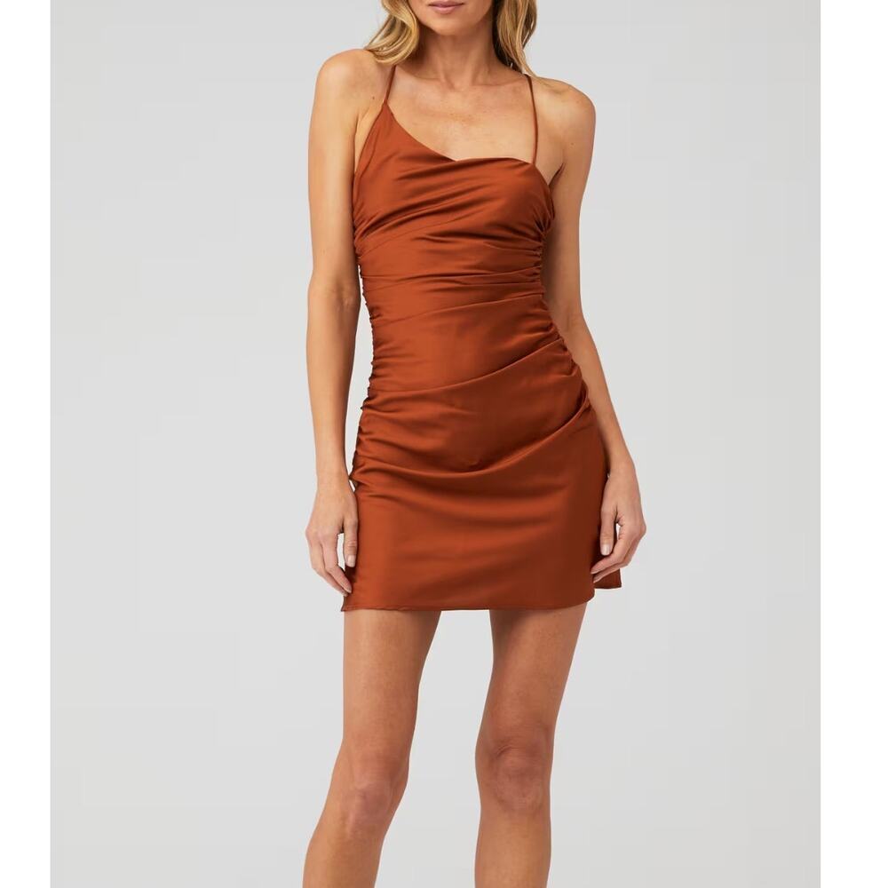 Line and Dot Mini Dress M Rust Ruched‎ Satin Asymmetrical Cocktail Chic
